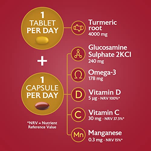 Seven Seas JointCare Supplements With Turmeric, 60 High Strength Capsules With Glucosamine, Omega-3, Vitamin D & C, EPA & DHA, Manganese & Zinc (30 day duo pack)