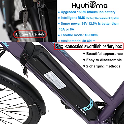 Hyuhome Electric Bikes for Adult Mens Women,27.5" E-MTB Bicycles Full Terrain 36V 12.5Ah Mountain Ebikes,BAFANG Motor Shimano 7-Speed Double Disc Brakes for Outdoor Commuter (Purple, 820L)