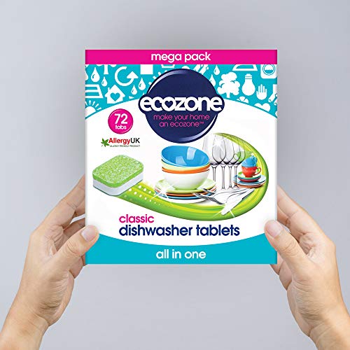 EcoZone Classic All-In-One Dishwasher Tablets, Effective Cleaning Formula Cuts Through Grease & Grime, Natural Vegan & Non Toxic Tabs, Plant Based Plastic-Free, Leaves No Residue (Box of 72 Capsules)