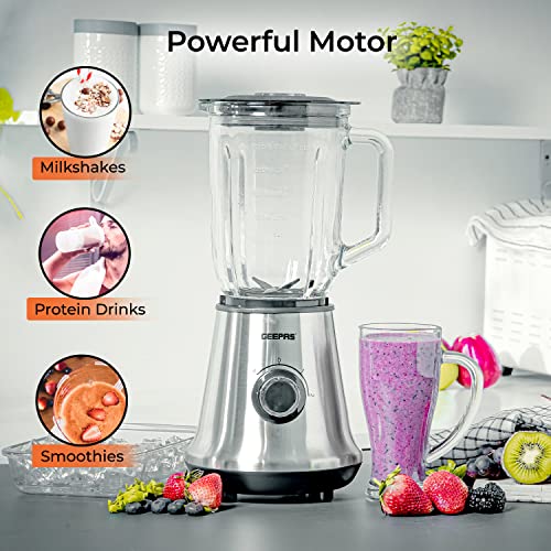 Geepas 700W Glass Jug Food Blender Smoothie Maker | Stainless Steel Cutting Blades, 3 Speed Control with Pulse & 1.5L Glass Jar | Powerful Copper Motor Jug Blender & Ice Crusher – 2 Year Warranty