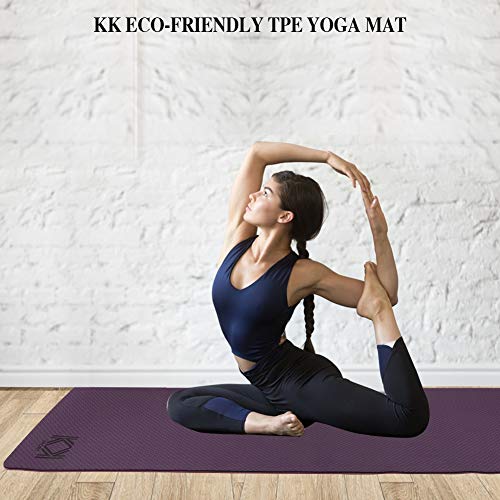 KK Yoga Mat, Non Slip Exercise Mat Purple, Extra Grip TPE Eco Friendly Workout Mat with convenient Carry Bag. Fitness Mat for women and men for Yoga, Pilates. 6mm (¼ inch) thickness.(Purple)