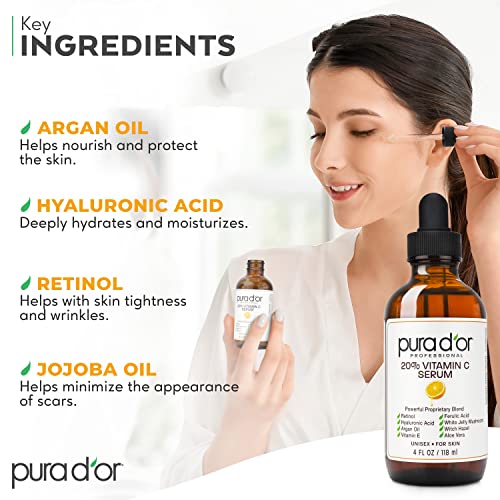 PURA D'OR 20% Vitamin C Serum (118 mL) With Hyaluronic Acid, Ferulic Acid, Vitamin E, Super Anti-Oxidants, Argan Oil & Aloe Vera - Professional Strength