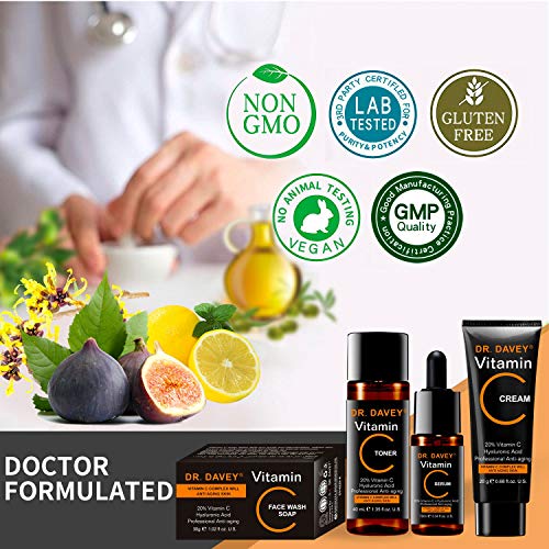 DR.DAVEY Organic Vitamin C Set Serum+Toner+Face Cream+Soap The BEST Hyaluronic Acid Serum For Skin & Face Professional Anti-Aging For Face/Neck/Eyes