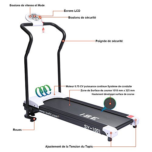 ISE Folding Electric Treadmill, Motorized 10 km/h, DC 750W Motor, Silent, Driving System, Ideal for Home/Office, SY-1001