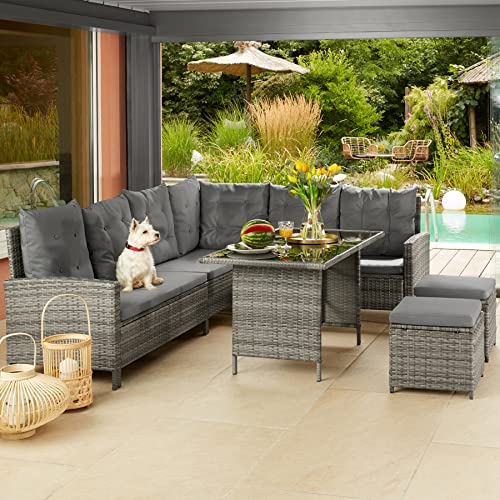 TecTake Rattan Garden Furniture Set - 8 Seater Garden Rattan Furniture Set Including an Outdoor Sofa, 2 Stools, Table, Cushions, Assembly Clamps and Instructions (Nature and Dark Grey)