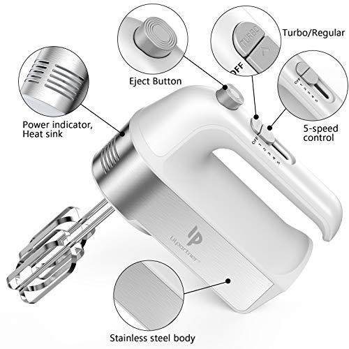 Hand Mixer Electric, 450W Kitchen Mixers with Scale Cup Storage Case , Turbo Boost / Self-Control Speed + 5 Speed + Eject Button + 5 Stainless Steel Accessories , For Easy Whipping Dough ,Cream