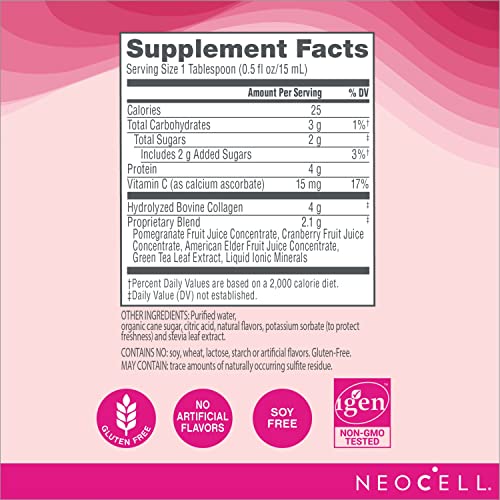 NeoCell M12899- Collagen + C Pomegranate Liquid - BioActive Collagen Type 1&3 + Antioxidants, Ionic Minerals, and Vitamin C Promotes Healthy Joint Cartilage Tissue; Non-GMO and Gluten-Free - 16 Ounces