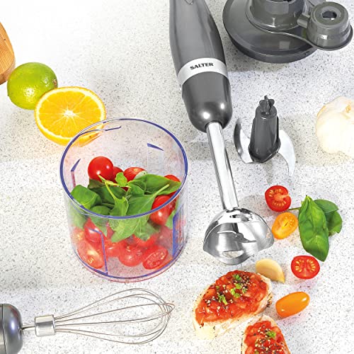 Salter EK2827GUNMETAL Cosmos 3 in 1 Hand Blender & Mixer Set, Electric Whisk & Mini Chopper Attachments, 350 W, Stainless Steel Blades, 500 ml Chopping Bowl - Blend Smoothies, Baby Food, Soups