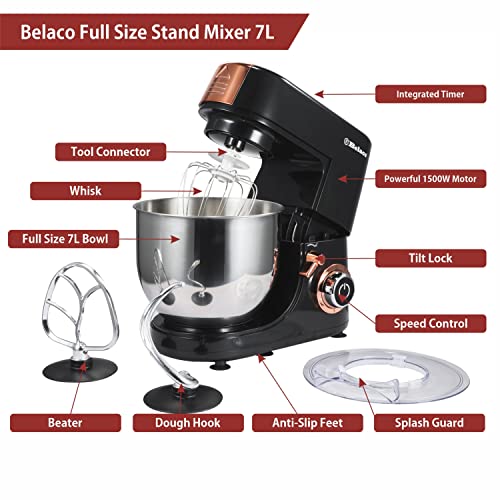 Belaco Full Size Stand Mixer 7L Stainless Steel Mixing Bowl Food Mixer 1500W Tilt Head 6 Speed Timer Digital Kitchen Mixer with Whisk, Beater & Dough Hook