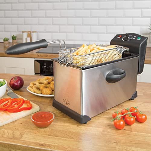 Quest 35140 3 Litre Stainless Steel Deep Fat Fryer / 130-190°C Adjustable Temperature / Lid Cover / Easy Clean Removable Oil Container / 2000W / Ideal For Fried Chicken, Chips & More