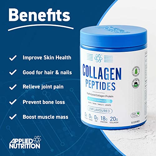 Applied Nutrition Collagen Peptides Powder - Hydrolysed Bovine Collagen Protein, Halal, Healthy Skin, Hair, Nails (Unflavoured) (300g - 15 Servings)