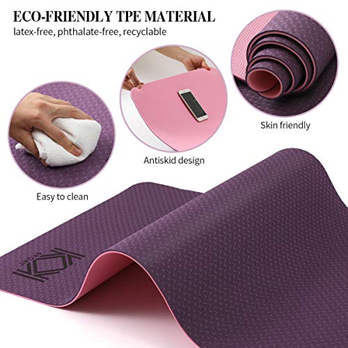 KK Yoga Mat, Non Slip Exercise Mat Purple, Extra Grip TPE Eco Friendly Workout Mat with convenient Carry Bag. Fitness Mat for women and men for Yoga, Pilates. 6mm (¼ inch) thickness.(Purple)