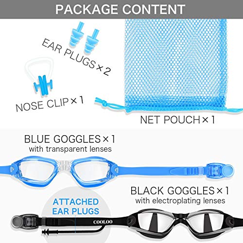 COOLOO Swimming Goggles, Pack of 2, Swim Goggles for Adult Men Women Youth Kids Children 8+, with Anti-Fog, No Leaking, UV Protection Lenses