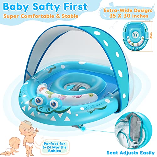 URMYWO Baby Swimming Float with SPF50+ Sun Protection Canopy Toddler Floaties Newborn Learning Swimming Adjustable Seat Pool Float for 3-36 Months Blue