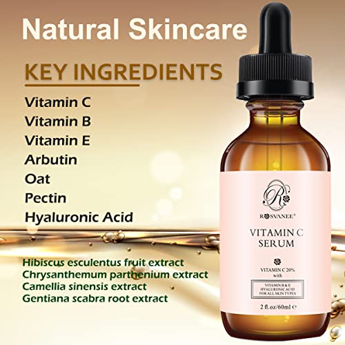 ROSVANEE Vitamin C Serum for Face and Eyes 60ml - Pure Facial Brightening Serum with 20% Vitamin C, Hyaluronic Acid, Vitamin B & E for Anti-Aging, Acne, Wrinkle, Dark Spots and Sun Damage