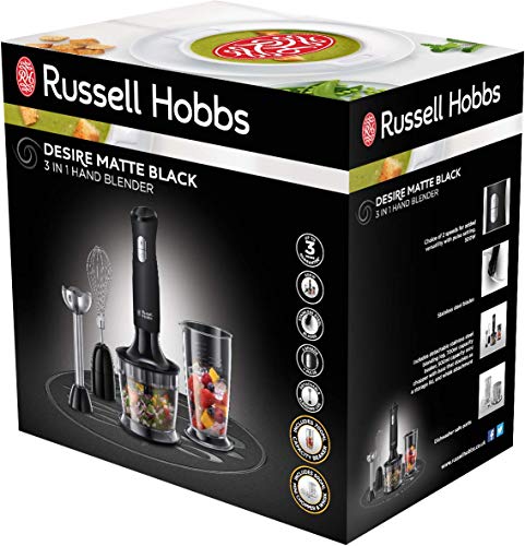 Russell Hobbs 24702 Desire 3 in 1 Hand Blender with Electric Whisk and Vegetable Chopper Attachments, Matte Black