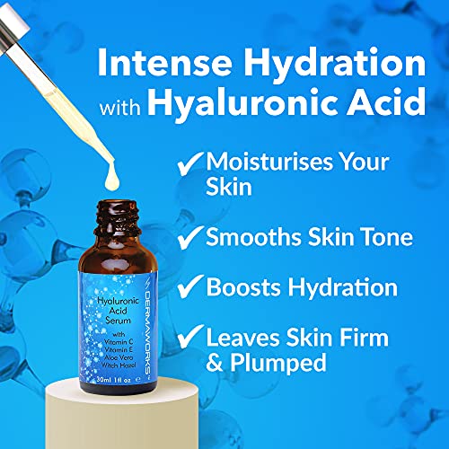 Hyaluronic Acid Serum for Face with Vitamin C – Firming Plumping Hydrating Anti Aging Skin Care - Facial Moisturiser and Eye Serum for Men and Women by DERMAWORKS Skincare & Beauty 30ml