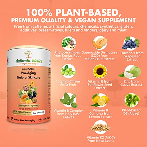 Vegan Collagen Boosting Natural Plant-Based Skincare, Vitamins for Healthy Skin with Antioxidants, Contains Vitamin D3 K2 C & E Zinc Niacin Biotin & SOD, Multivitamins for Women & Men,1 Month Supply