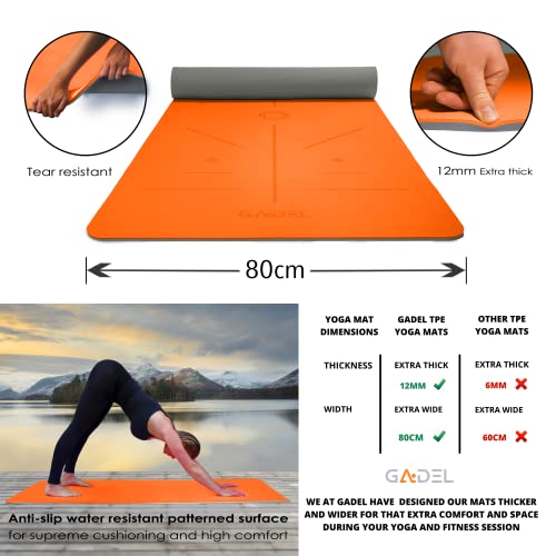 GADEL Extra Thick Yoga Mat Non Slip Thick Exercise Mat Wide TPE 12mm Eco Friendly Yoga Mats for Women/Men Home Gym Mat Fitness Hiit Gymnastics Meditation Pilates Yoga Mat Carry Strap Alignment Lines