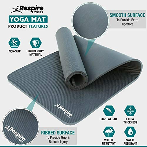 Respire Fitness Yoga Mat for Men and Women, 185 x 61 cm, Thick Cushion with Smooth and Ribbed Surfaces, Non-Slip Sweat Resistant Material for Pilates, Stretching, Fitness, and Meditation (Black)