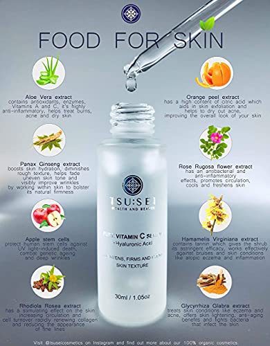 20% PURE VITAMIN C SERUM with Hyaluronic Acid by TSU:SEI. Anti Ageing and Anti Wrinkle Serum For Face. 100% Organic. Hydrates, Brightens, Evens Skin Texture. 30ml. ALL NATURAL. Cruelty Free Skin Care.