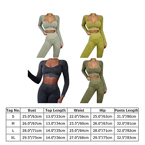 Workout Sets for Women 2 Piece Seamless Sweetheart Neck Long Sleeve Crop Top Ribbed High Waist Leggings Yoga Outfits Activewear Sport Gym Wear Clothes Olive Small