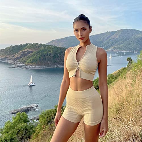 IDOPIP Two Piece Outfits for Women Workout Gym Sets Seamless Ribbed Zip Up Sleeveless Crop Top High Waist Biker Shorts Tracksuit Sportswear Activewear Khaki M