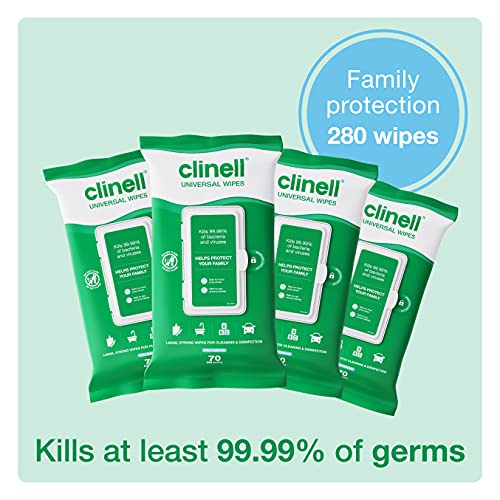 Clinell Universal Cleaning and Disinfecting Wipes for Home (CW70R4) - 4 Packs of 70 Antimicrobial Wipes with Moisture Lock Lid - Kills 99.99% of Germs, Effective from 10 Seconds