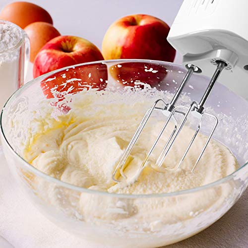 Duronic Hand Mixer for Baking Electric Whisk Handheld HM4W Storage Stand Case White 5 Speed Turbo 400W 2 Beaters 2 Dough Hooks 1 Whisk