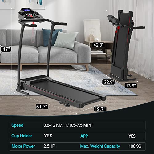 LIVSPO Folding Treadmill for Home Use 2.5HP with 3 Level Incline Foldable Electric Running Machine with Bluetooth & App Control Portable Treadmill Walking Jogging Fitness 12KM/H Speed 100KG Max Weight