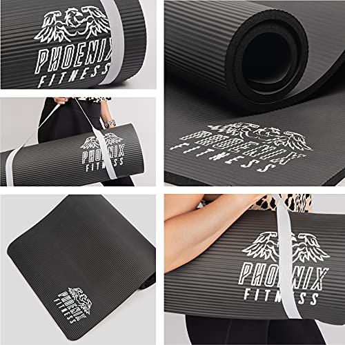 Phoenix Fitness RY1068 Exercise NBR Fitness Yoga Mat - Double Sided Anti Slip High Density Floor Mat, 185 x 61 cm - 15mm Thickness, Carry Strap, Black