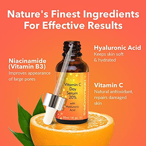 Vitamin C Serum for Face with Hyaluronic Acid & Niacinamide – Dark Spot Correcting & Skin Brightening – Hydrating – Anti-aging & Anti-wrinkle – Collagen Boosting – 30ml by DERMAWORKS Skincare & Beauty