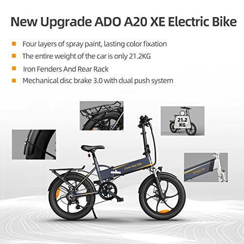 With mounted rear frame ADO A20 XE Electric bicycles 20 inch adult electric folding e bike, 250W motor/36V/10.4Ah battery/25 km/h, black