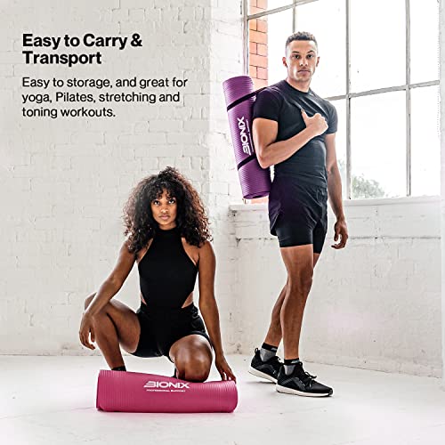 Bionix Yoga Mat for Exercise - 180cm x 60cm Extra Thick NBR Exercise Mat for Men and Women - Non Slip Gym Mat with Carry Handle Strap for Camping, Home Gym, Pilates and Gymnastic Workout - Purple