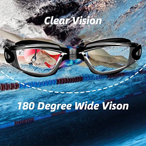 Swimming Goggles, Lychico Anti Fog Swim Goggles With UV Protection Mirrored, Adults No Leaking 180 Degree Vision with Protection Case and Soft Silicone Nose Bridge for Men Women, Black, One Size (YYJ)