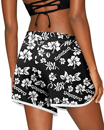 For G and PL Women's Swimming Shorts Breathable Swimwear Ladies Sport Shorts Casual Beach Trunks with Adjustable Drawstring and Printed XL Black