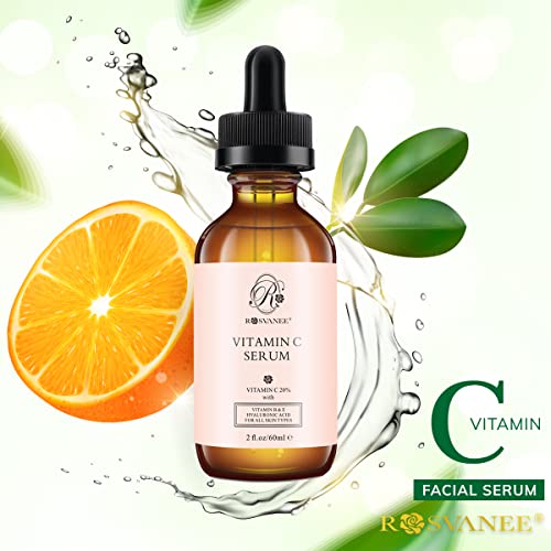 ROSVANEE Vitamin C Serum for Face and Eyes 60ml - Pure Facial Brightening Serum with 20% Vitamin C, Hyaluronic Acid, Vitamin B & E for Anti-Aging, Acne, Wrinkle, Dark Spots and Sun Damage