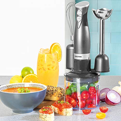 Salter EK2827GUNMETAL Cosmos 3 in 1 Hand Blender & Mixer Set, Electric Whisk & Mini Chopper Attachments, 350 W, Stainless Steel Blades, 500 ml Chopping Bowl - Blend Smoothies, Baby Food, Soups