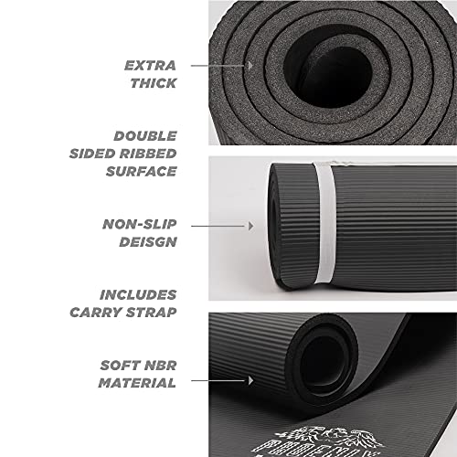 Phoenix Fitness RY1068 Exercise NBR Fitness Yoga Mat - Double Sided Anti Slip High Density Floor Mat, 185 x 61 cm - 15mm Thickness, Carry Strap, Black