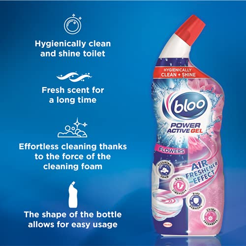 Bloo Power Active Gel, Toilet Cleaner, Pink Gel, Fresh Flowers with Anti-Limescale, Cleaning Foam and Extra Freshness, 700 ml x 10, Multipack