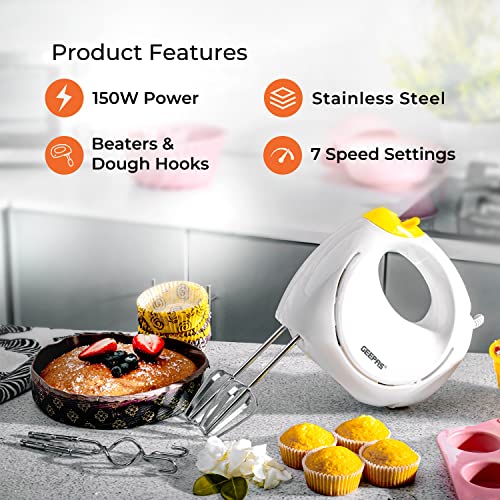 Geepas 150W Hand Mixer - Electric Whisk, Handheld Food Collection Cake Mixer for Baking - 7 Speed Turbo & Eject Button, Stainless Steel Beaters & Dough Hooks for Whipping Cream Dough Egg Beater, White