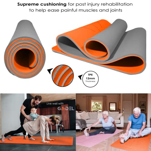 GADEL Extra Thick Yoga Mat Non Slip Thick Exercise Mat Wide TPE 12mm Eco Friendly Yoga Mats for Women/Men Home Gym Mat Fitness Hiit Gymnastics Meditation Pilates Yoga Mat Carry Strap Alignment Lines