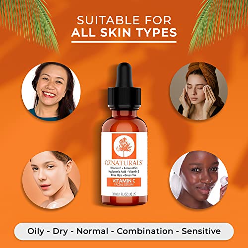 OZNaturals Vitamin C Serum for Face: Vitamin C Facial and Under Eye Serum with Hyaluronic Acid - Wrinkle Remover Serum to Even and Tone Skin - Anti Aging and Brightening Skin Care Serums - 1 Fl Oz