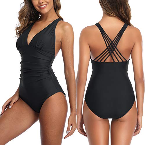 Derssity One Piece Swimsuit Ruched Tummy Control Swimming Costume for Women Plus Size V Neck Swimwear Bikini Bathing Suit(Black,M)