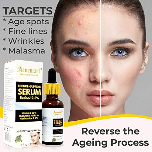 Retinol + Supreme Serum 2.5% Vitamin C 20% with Hyaluronic Acid & Vitamin E, Face Serum, for Wrinkles, 5% Niacinamide 3.5% Anti-Aging Skin Repair, Supercharged Face Serum