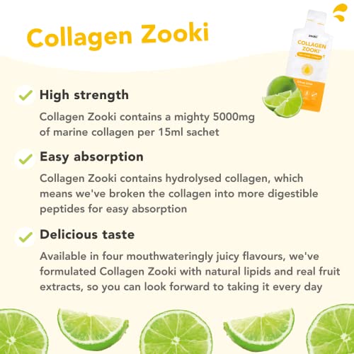 Zooki® Marine Liquid Collagen Sachets | Hydrolysed Marine Collagen Peptides | Support Skin, Hair, Nails, Joints & Muscles | (Citrus Lime, 14 Servings)