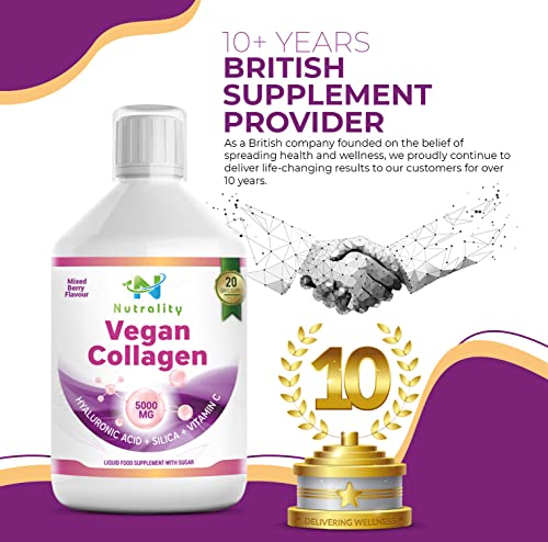 Nutrality Vegan Collagen Liquid Supplement - Premium-grade 5000mg Hydrolyzed Collagen Peptides with Silica, Biotin, Vitamin C, D3, E - Healthy Skin, Hair, Nails, Joints, Muscles - Berry Flavour, 500ml