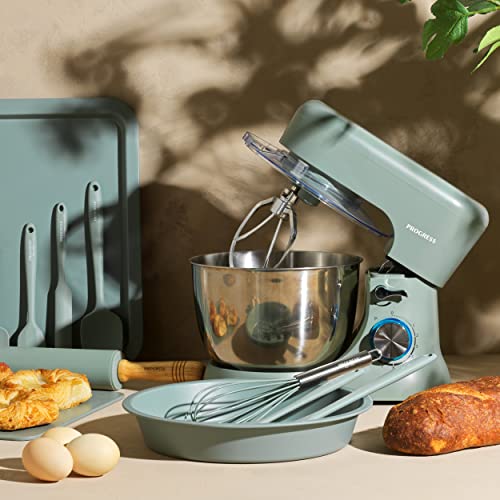 Progress EK5234PTEAL Go Bake Stand Mixer, 4 L Stainless Steel Bowl, Electric Kitchen Mixer, 8 Speed Settings & Pulse, 3 Attachments: Beater, Dough Hook, Whisk, Splash Guard, Safety Lock, 1300W, Teal