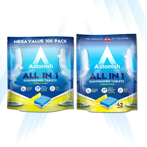 Astonish All In 1 Powerful Cleaning Dishwasher Tablets with Salt and Rinse Aid, Mega Pack of 100 Tablets, Lemon Fresh