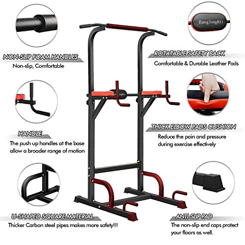 BangTong&Li Power Tower Dip Station Adjustable Pull Up & Dip Stands Multi-Function Strength Training Pull up Bar Fitness Equipment for Home Gym (Black+Red)